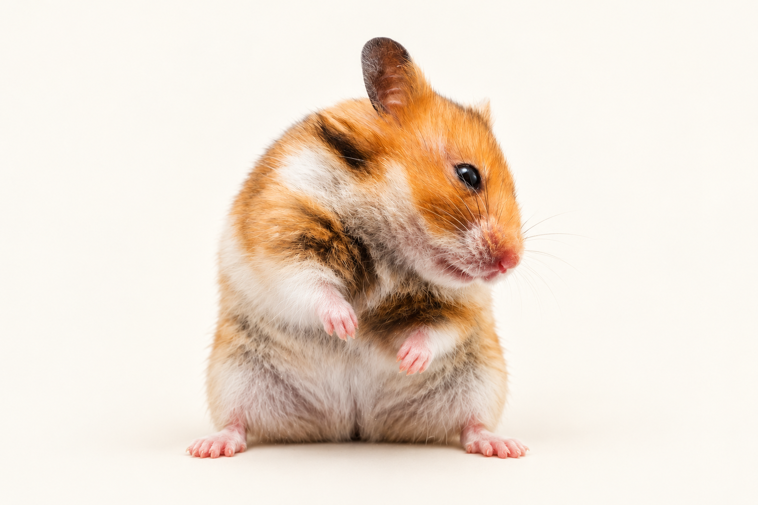 A golden, black and white Syrian hamster sitting upright with its feet out in front