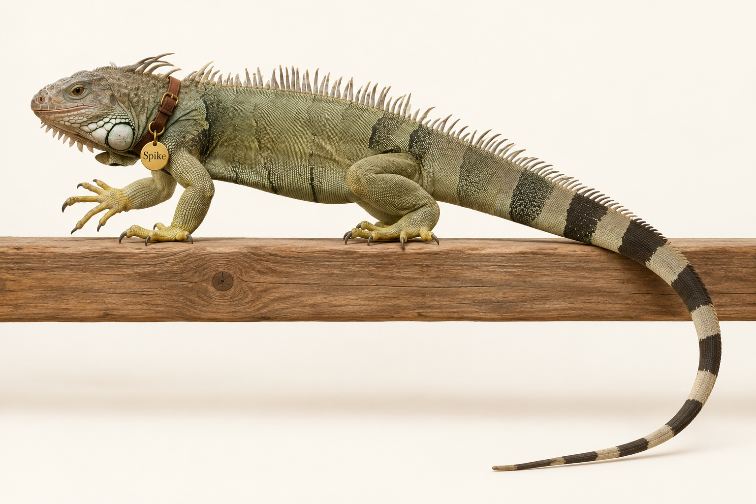 Spike the green iguana wearing a named collar, balancing on a wooden beam with one front foot lifted