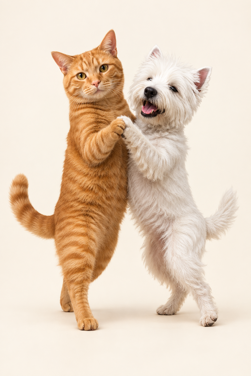 An orange tabby cat dancing with a small white West Highland terrier, in the Jabba and Luna rendered character style